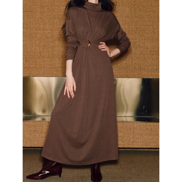 Commense Dresses & Skirts - Commense Brown Turtleneck Maxi Dress with Gold Ring Detail Long Sleeve Size M
